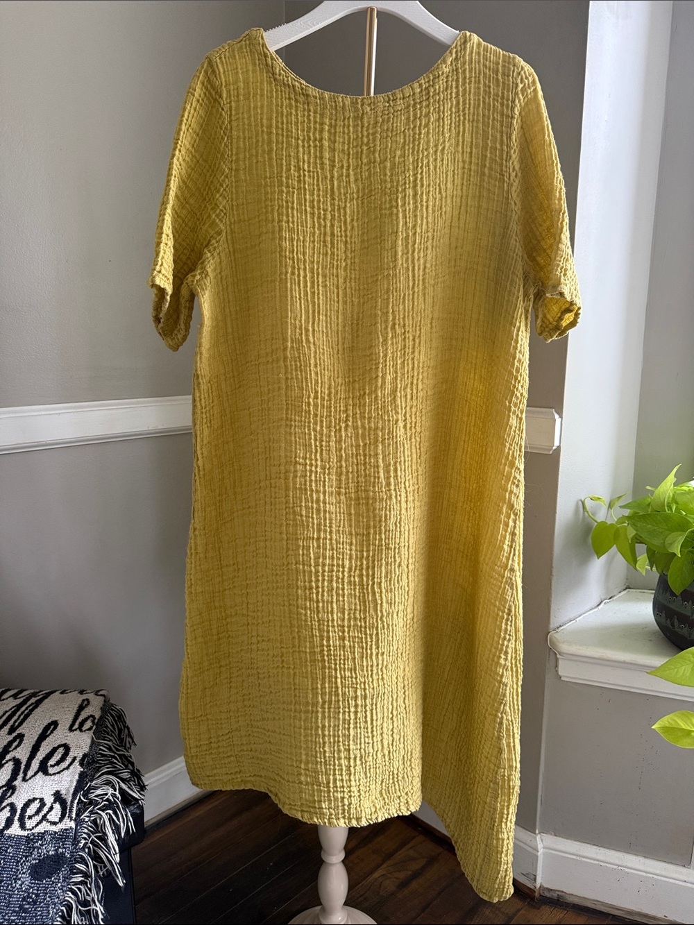 Asymmetrical Crinkle Cotton Dress in Mustard Yellow
